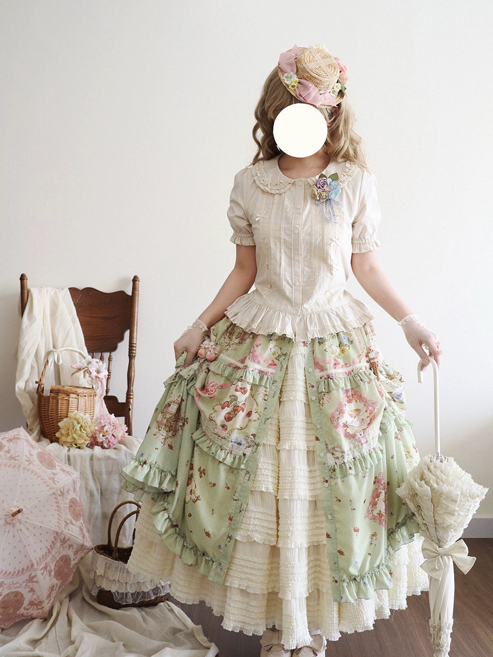 [Pre-order] Cat Rose Tea Party Long Skirt with Front Opening, Flat Type