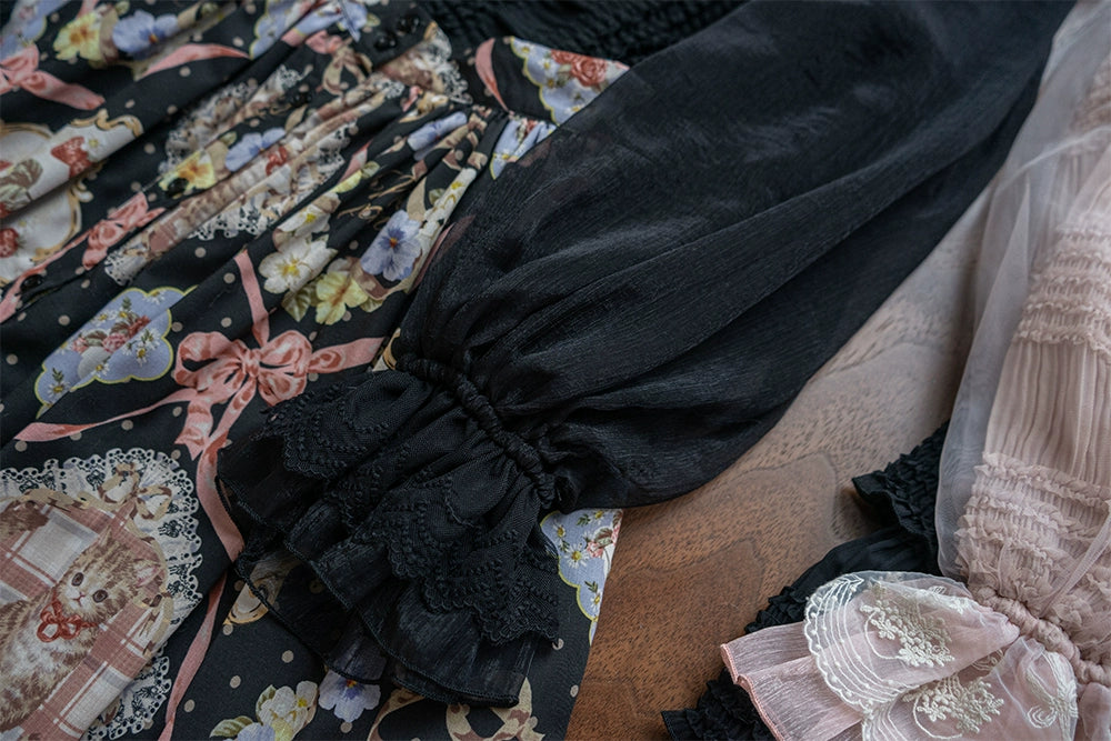 [Pre-orders available until 2/19] Cat Rose Tea Party Ruffled Long Sleeve Blouse