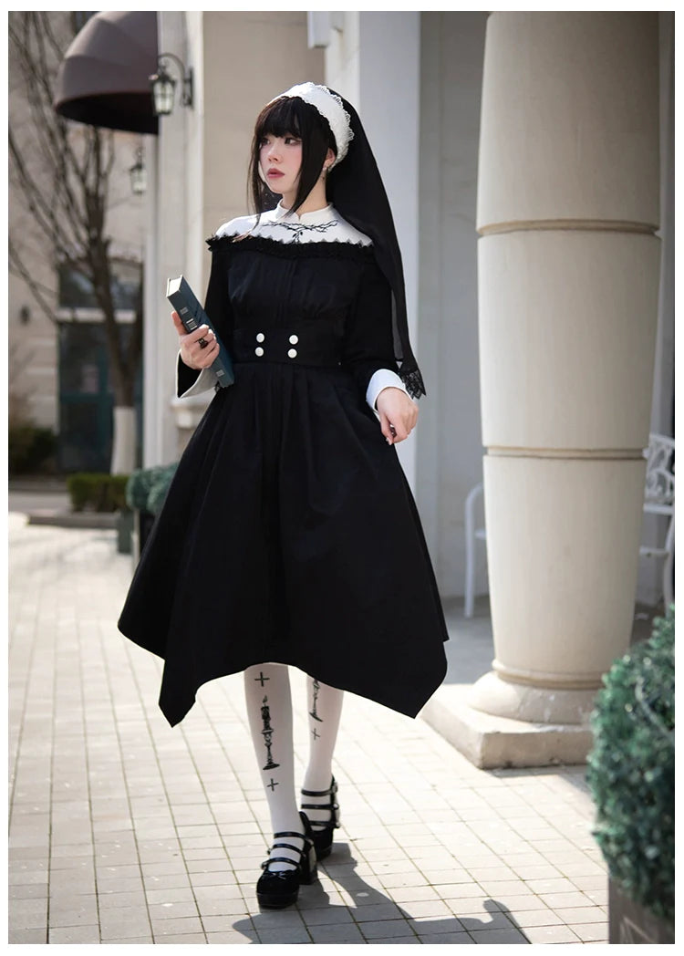 Nun style stand up collar gothic dress