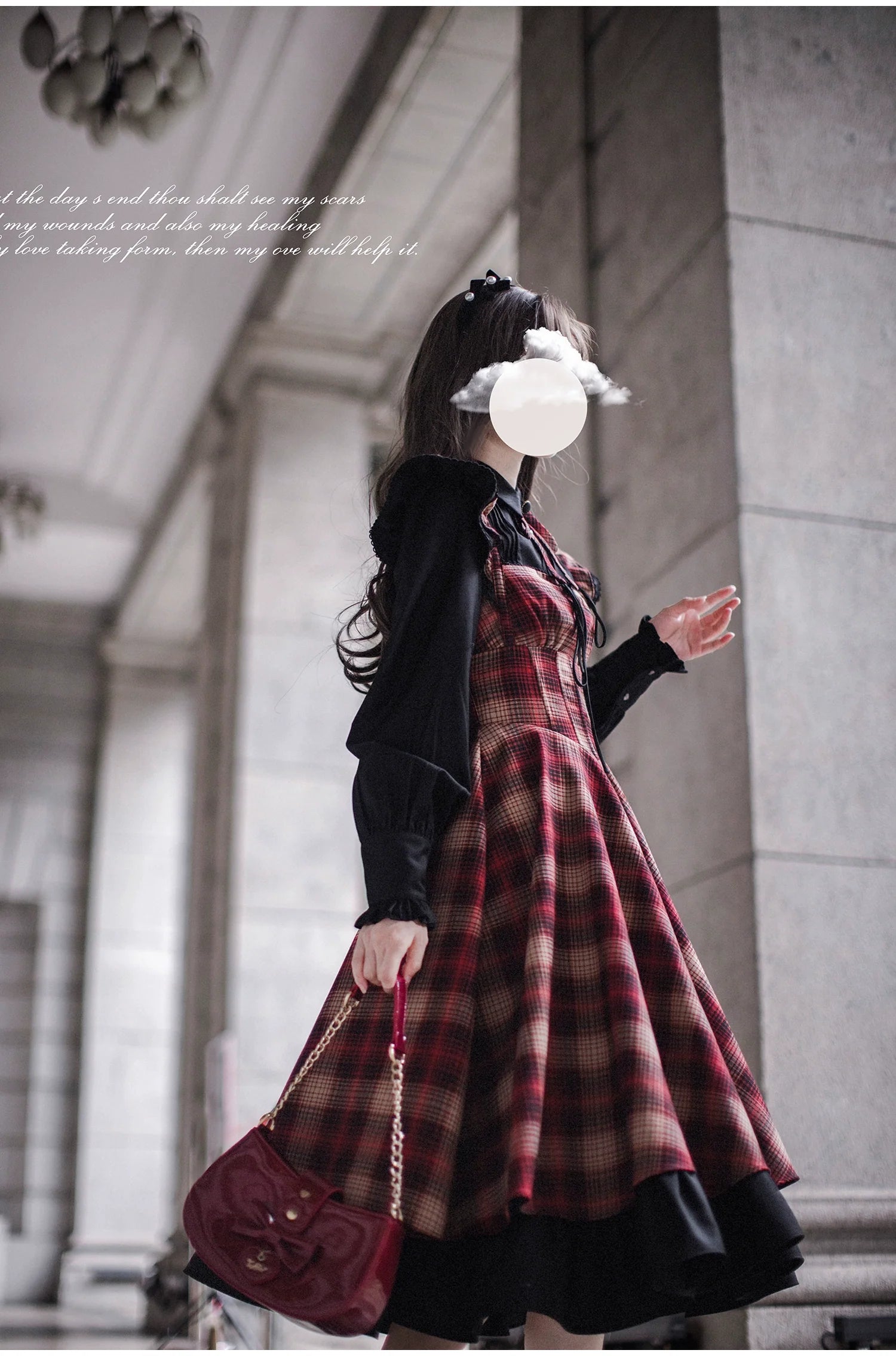 Red checked bicolor jumper skirt and black blouse