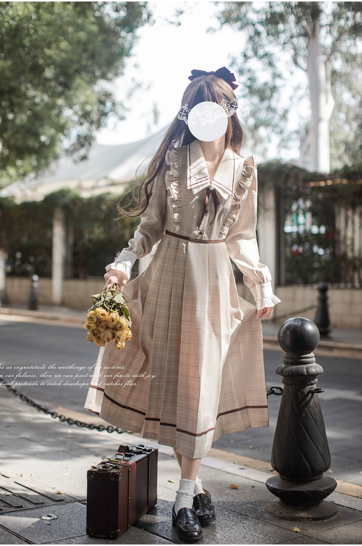 [Pre-order] Betty French Retro Beige Check Long Sleeve Dress