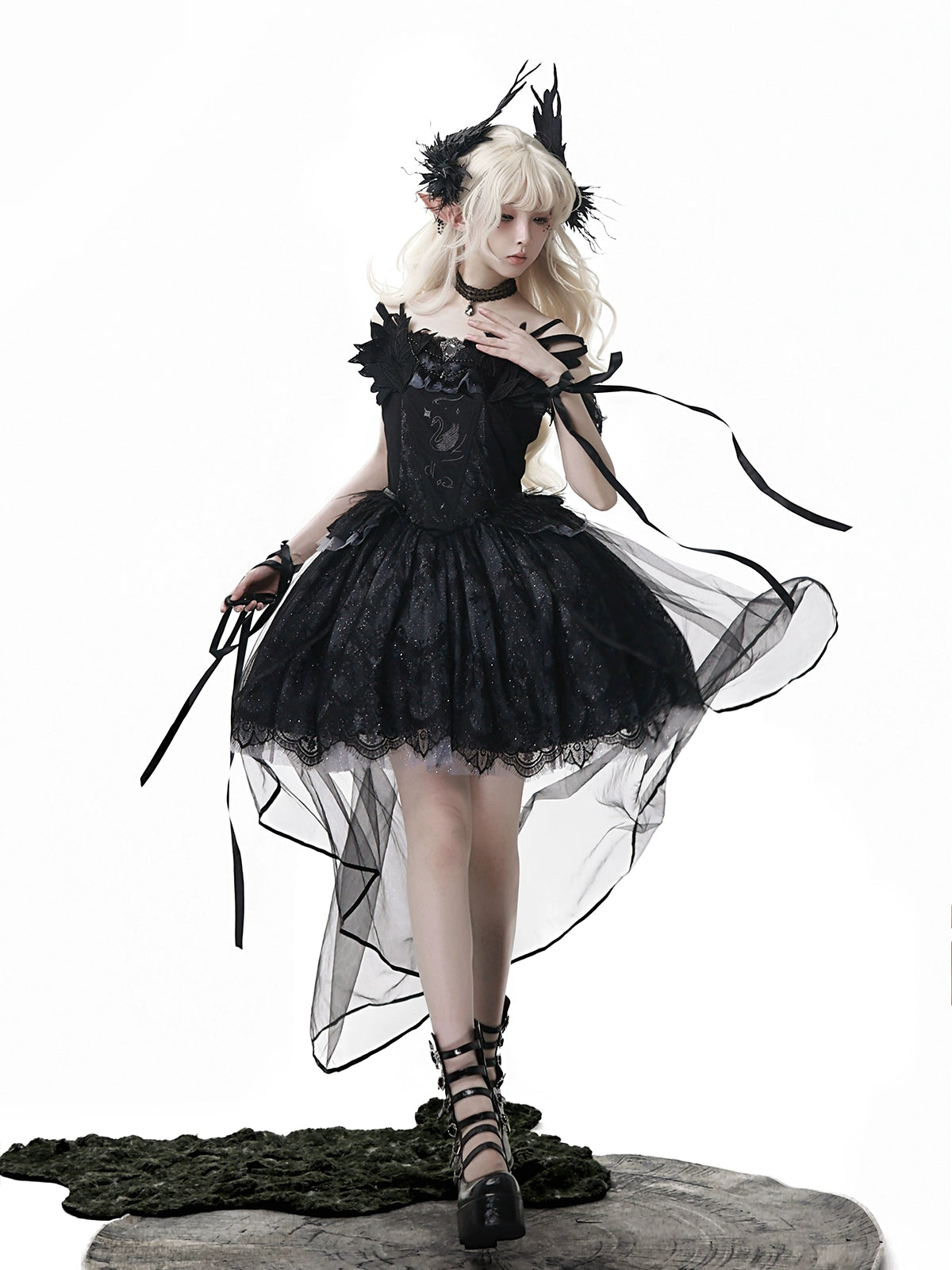 Black Feather 白鳥刺繍ジャンパースカートセット