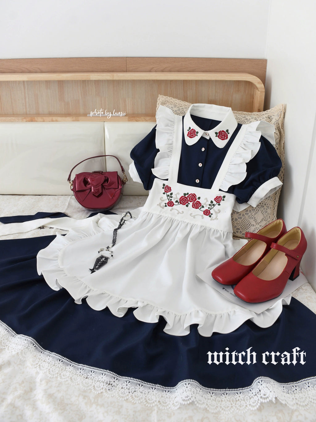 Maid-style dress with red rose embroidery and apron