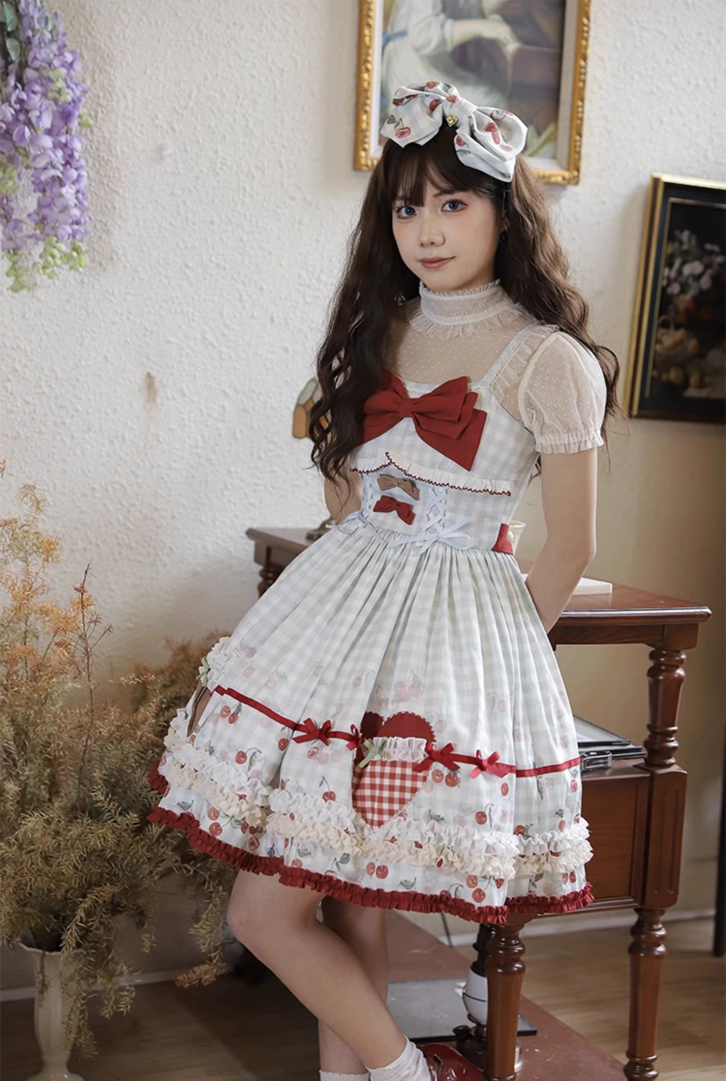[Sales period ended] Cherry and Heart sheer dot short sleeve blouse