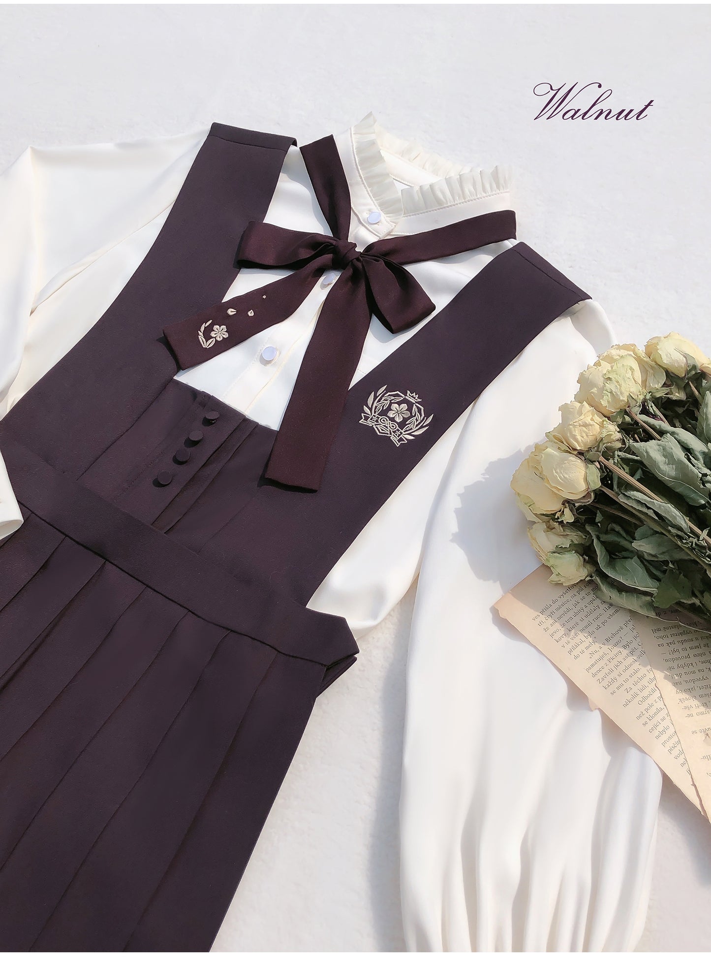 Japanese-style deep purple jumper skirt and blouse, haori, ribbon tie, corsage only
