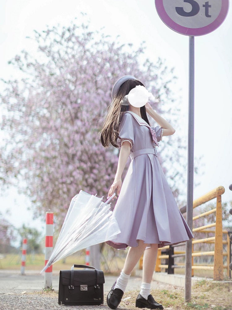 Misty Vine Wisteria Sailor Collar Short Sleeve Dress