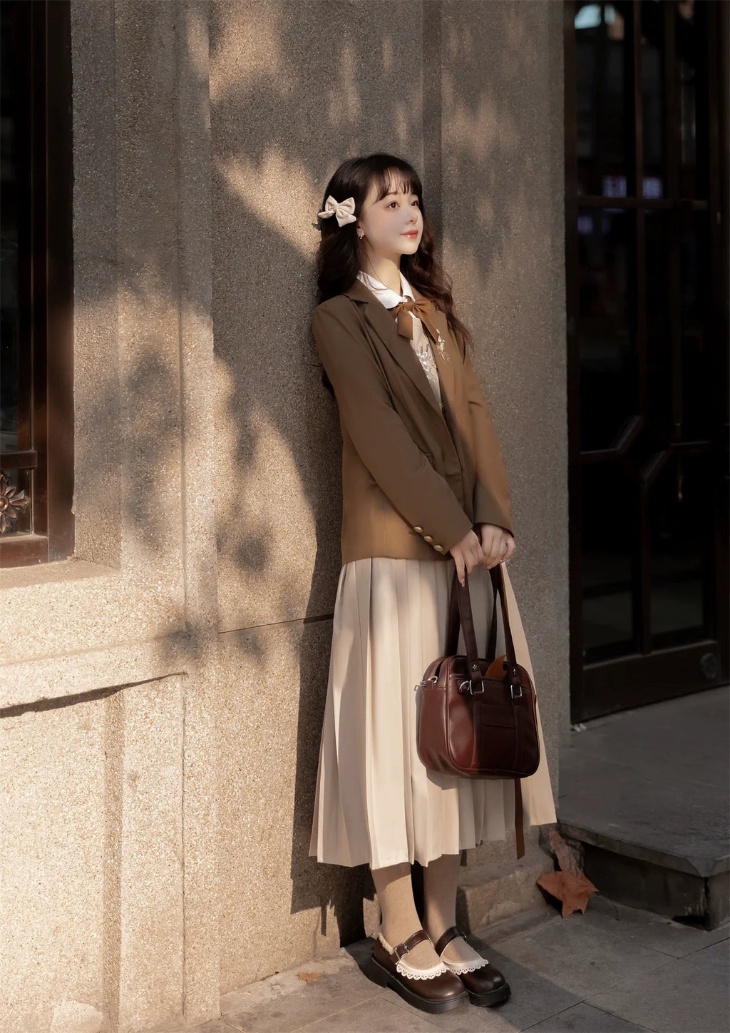 ベゴニア刺繍 制服風セットアップ リボンタイ付