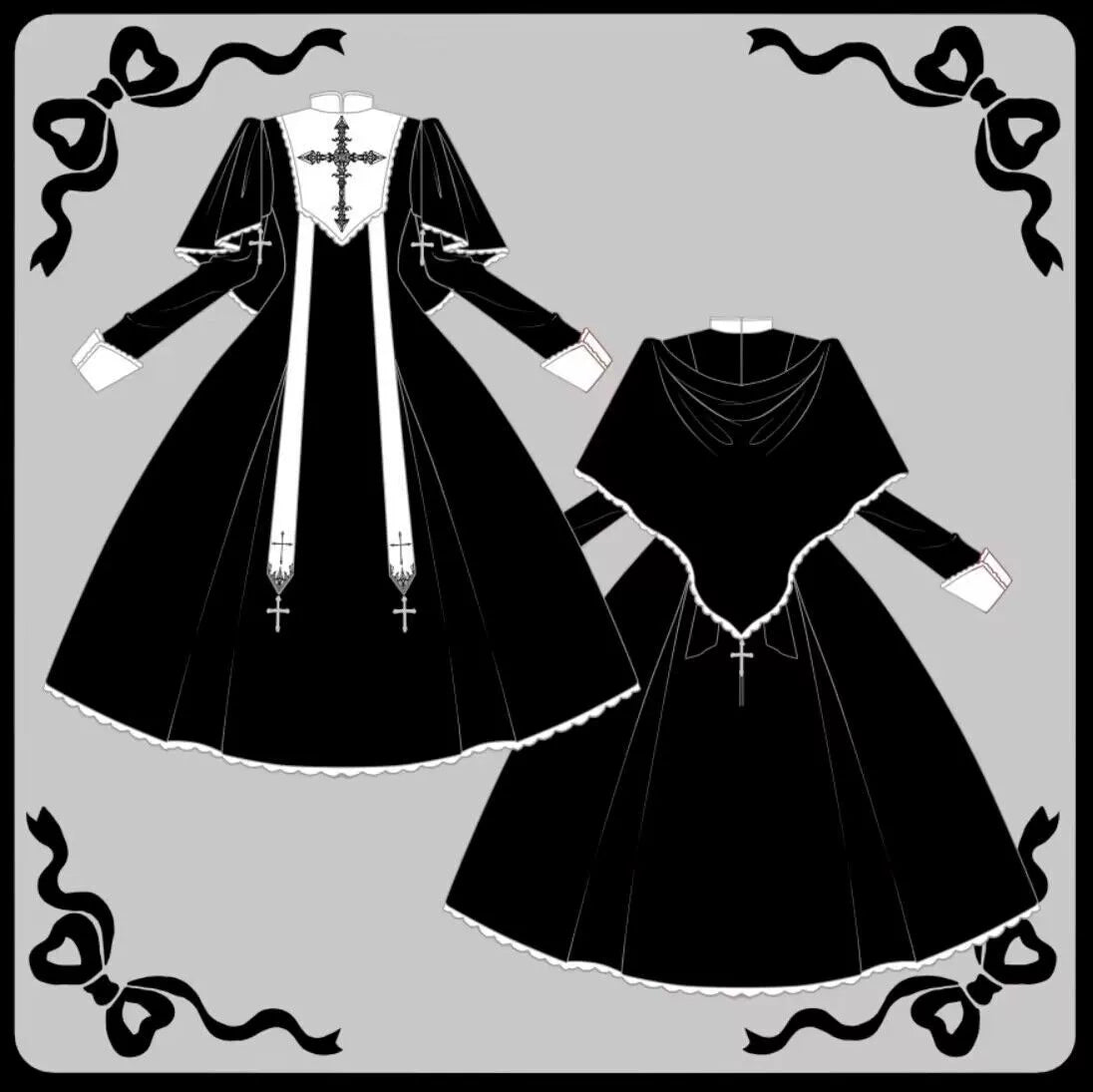 Nun-style cross-design gothic lolita long dress and cape