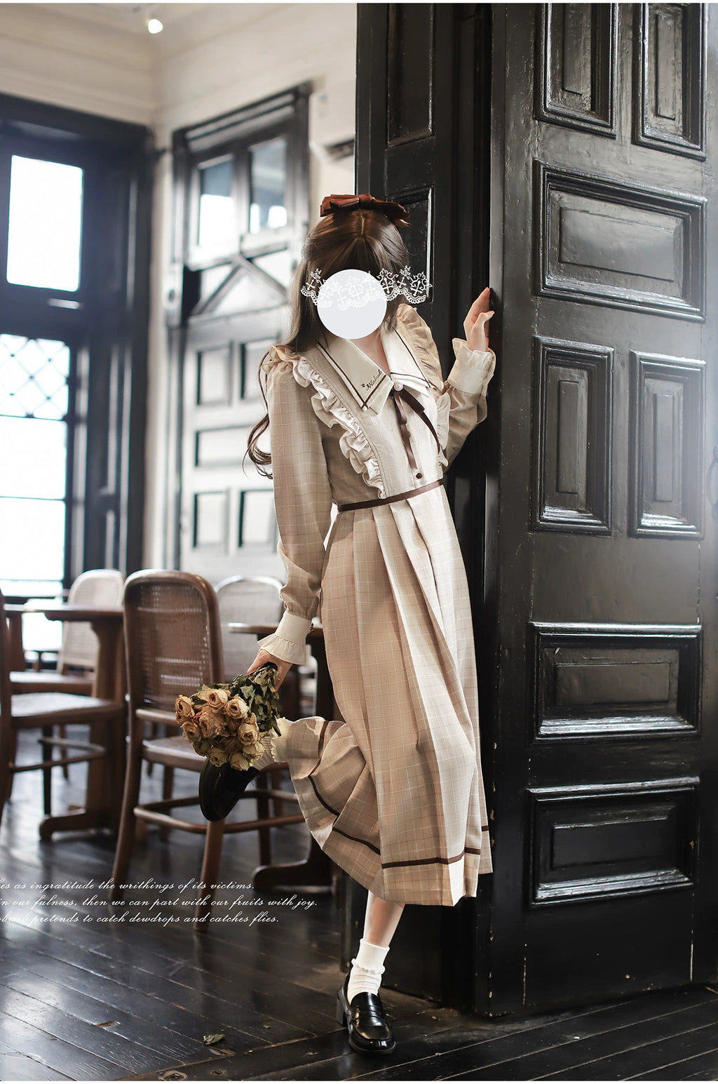[Pre-order] Betty French Retro Beige Check Long Sleeve Dress