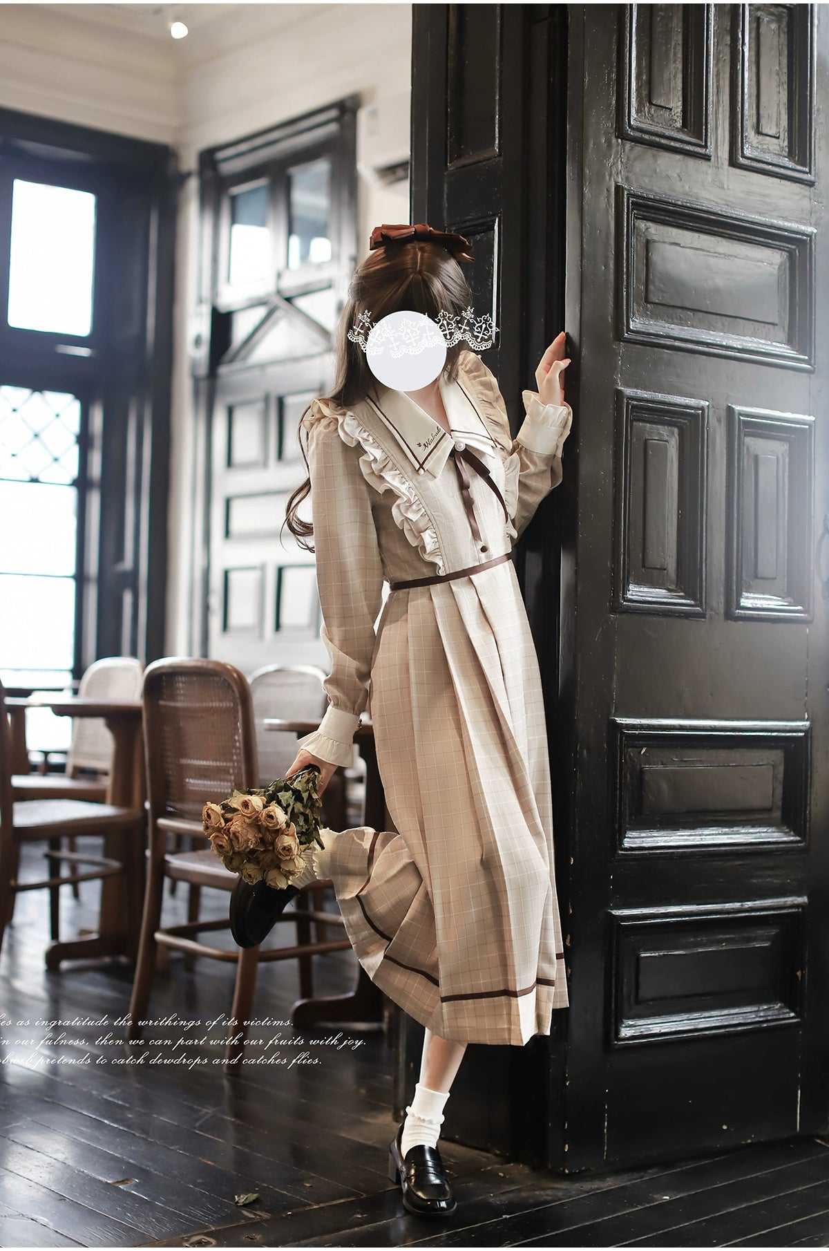 [Pre-order] Betty French Retro Beige Check Long Sleeve Dress