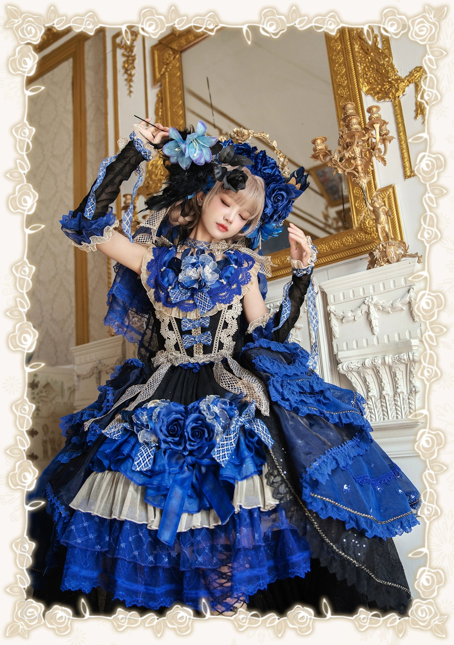 【受注予約8/13まで】Snow Rose Princess トレーン付きドレス・ブルー×ブラック（ゴールド）