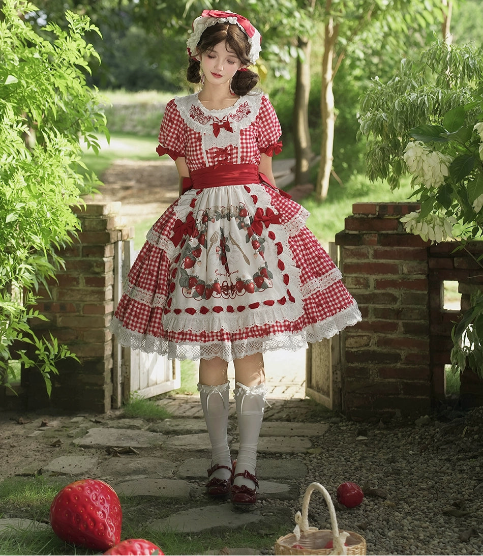 【受注予約8/18まで】Strawberry Sunshine Picnic カントリー風ワンピースとエプロン・ミドル丈