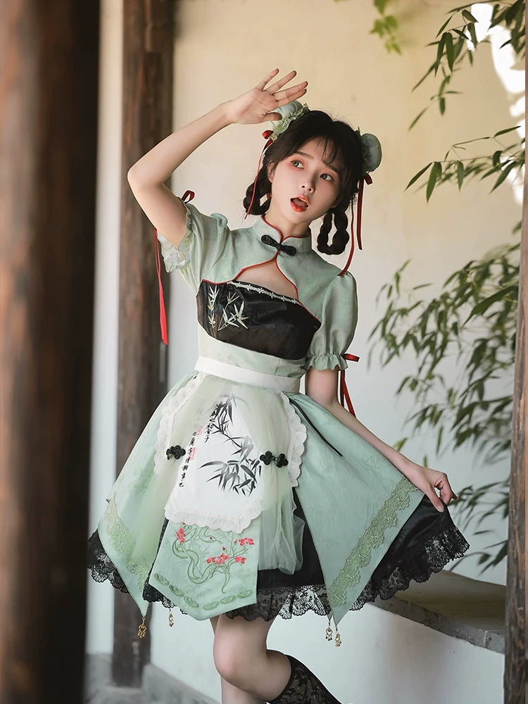 White green bamboo pattern dress with 2way arm sleeves