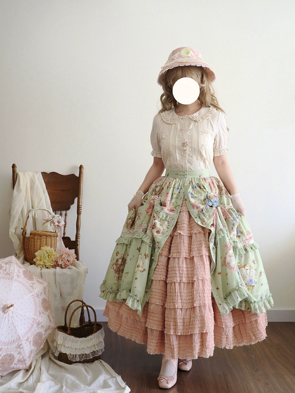 [Pre-order] Cat Rose Tea Party Long Skirt with Front Opening, Flat Type