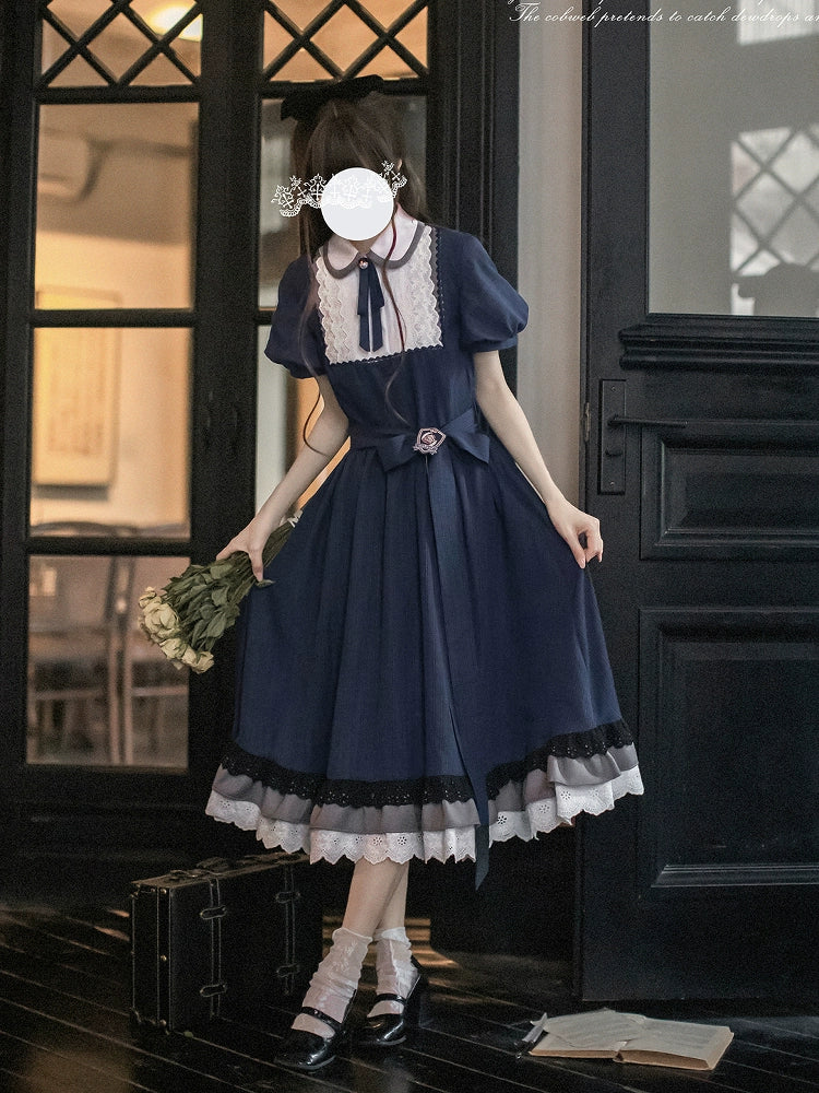 【予約販売】Phyllis ネイビーチェックのエレガントレトロ半袖ワンピース