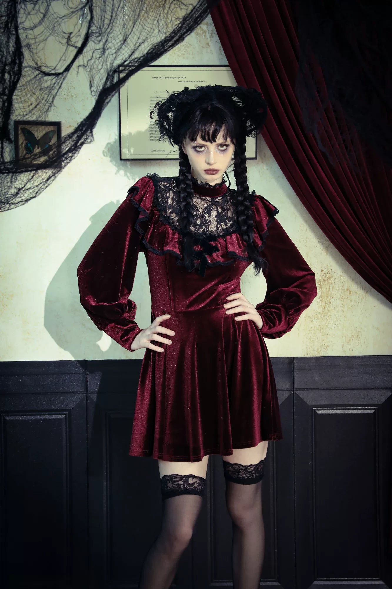 【Dark in Love】ダークレッド ベルベット×レース ゴスロリ長袖ワンピース | Blood Velvet (コピー)