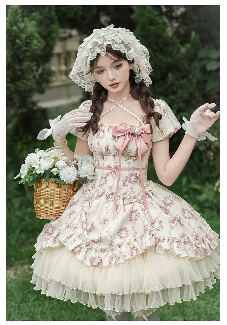 雨上がりの薔薇 プリントワンピース・ショート丈