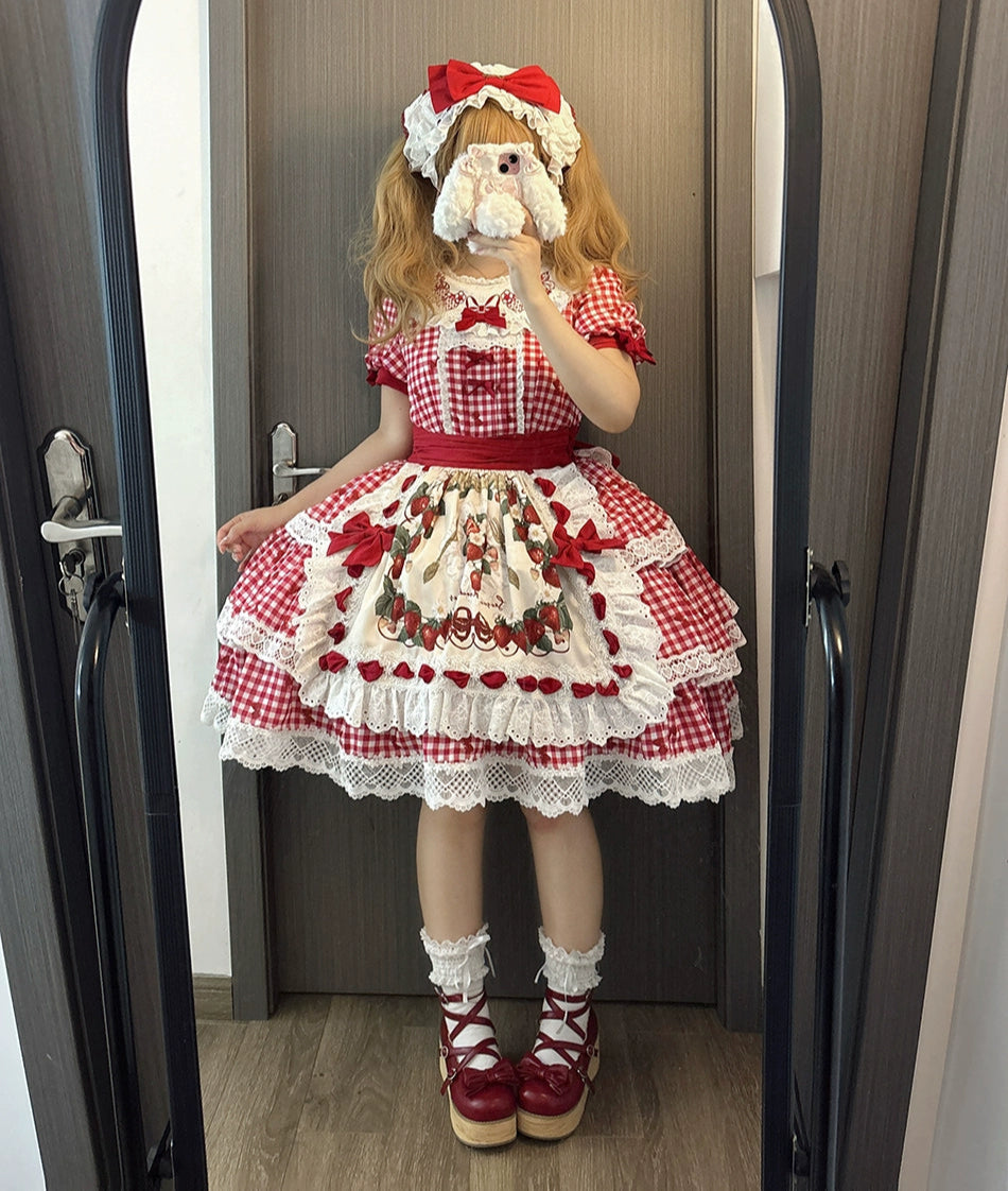 【受注予約8/18まで】Strawberry Sunshine Picnic カントリー風ワンピースとエプロン・ショート丈