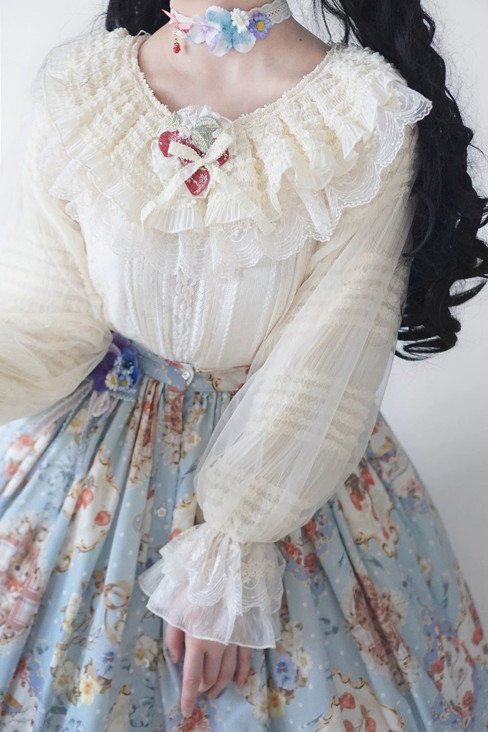 [Pre-orders available until 2/19] Cat Rose Tea Party Ruffled Long Sleeve Blouse