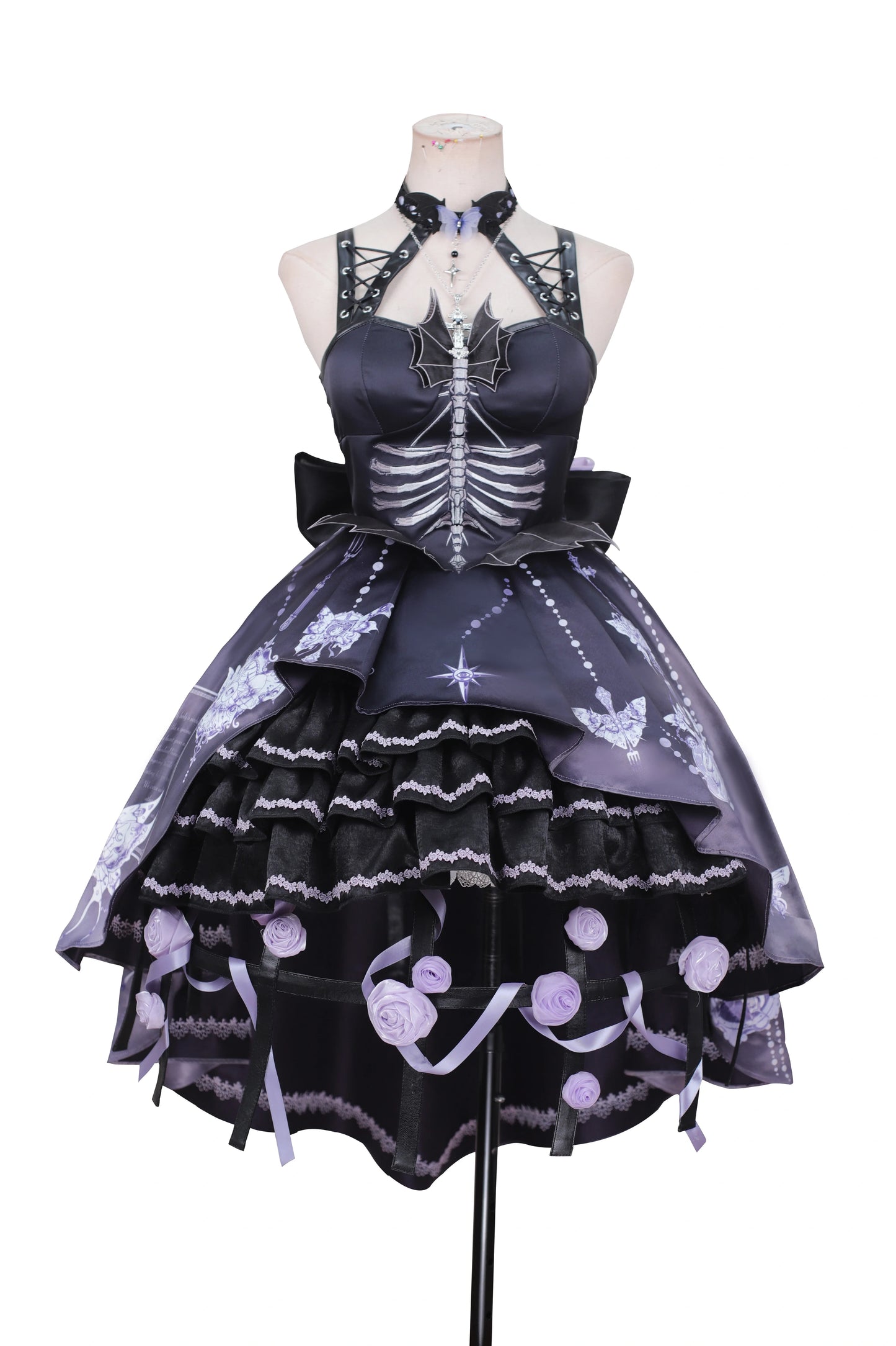 [Pre-order] Bat Wings skeleton pattern jumper skirt and purple rose crinoline