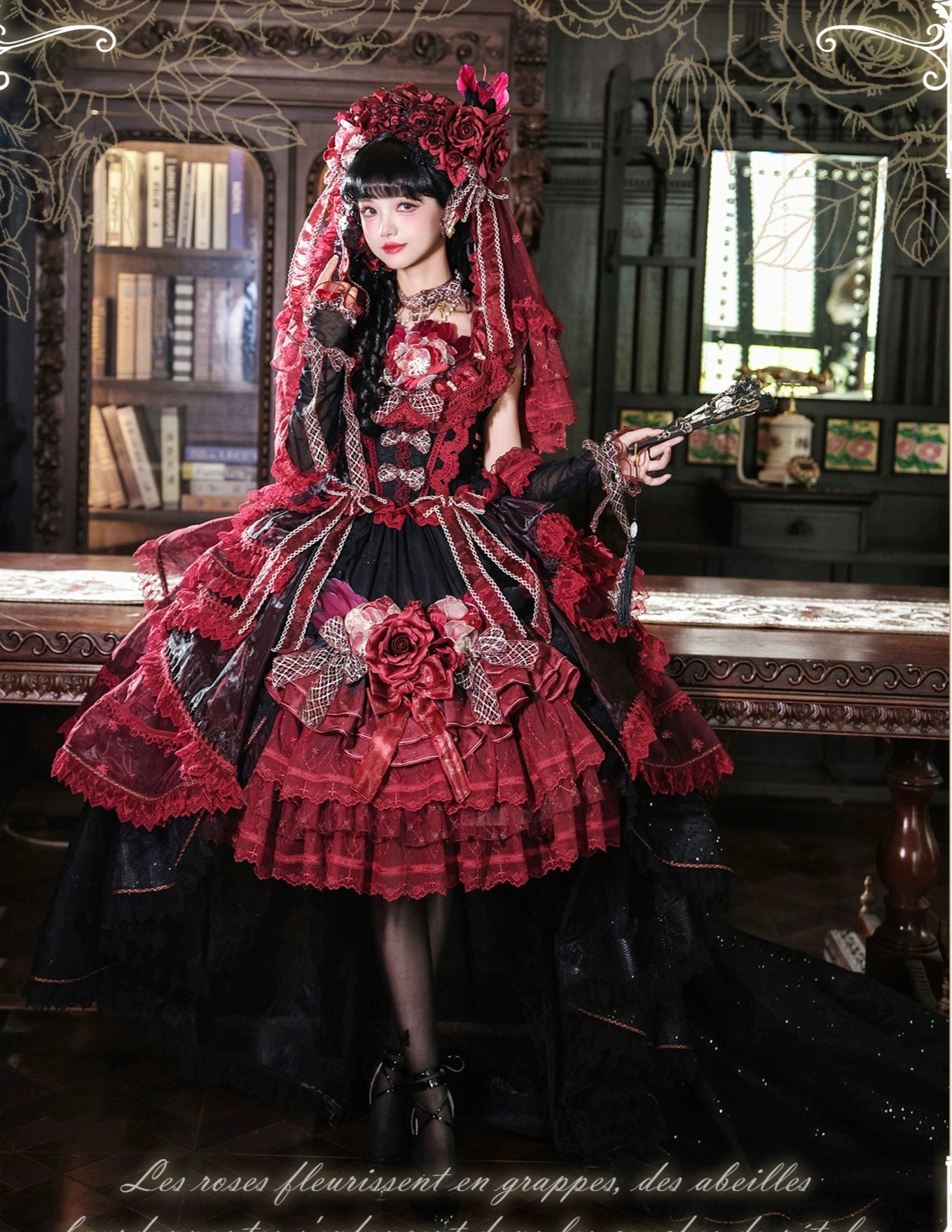 【受注予約8/13まで】Snow Rose Princess トレーン付きドレス・レッド×ブラック（シルバー）