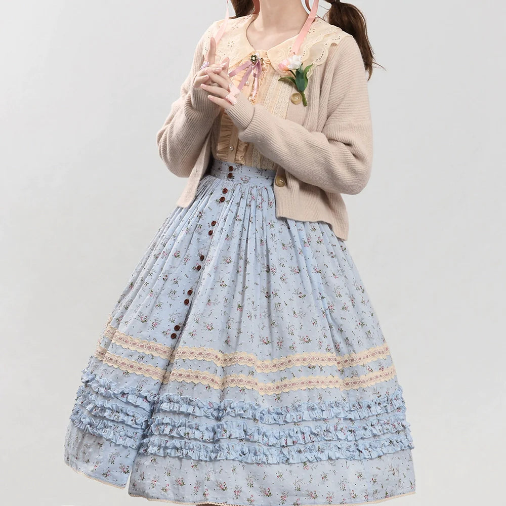 【予約販売】Pink Flower 小花模様のボタン付コットンスカート
