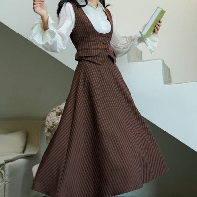 Coffee-colored vertical striped classic jacket, vest, and skirt