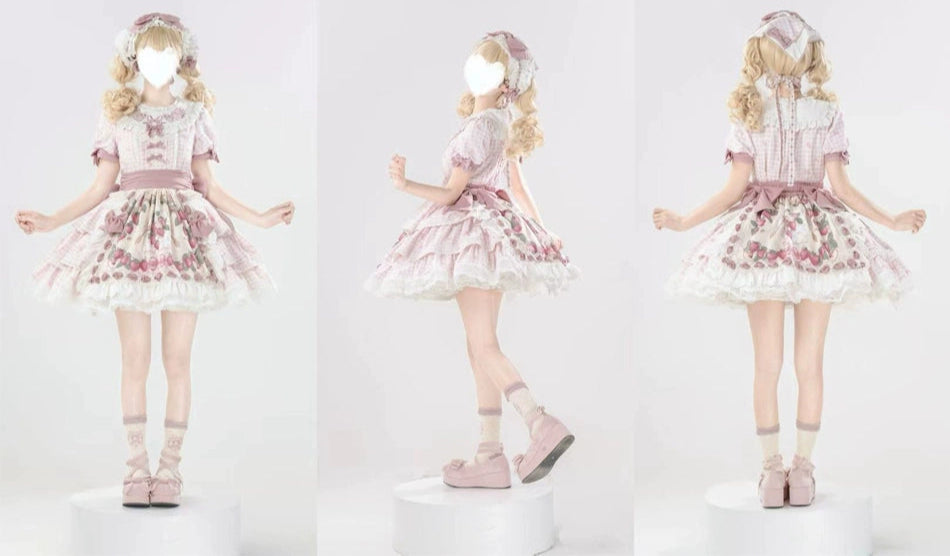 【受注予約8/18まで】Strawberry Sunshine Picnic カントリー風ワンピースとエプロン・ショート丈