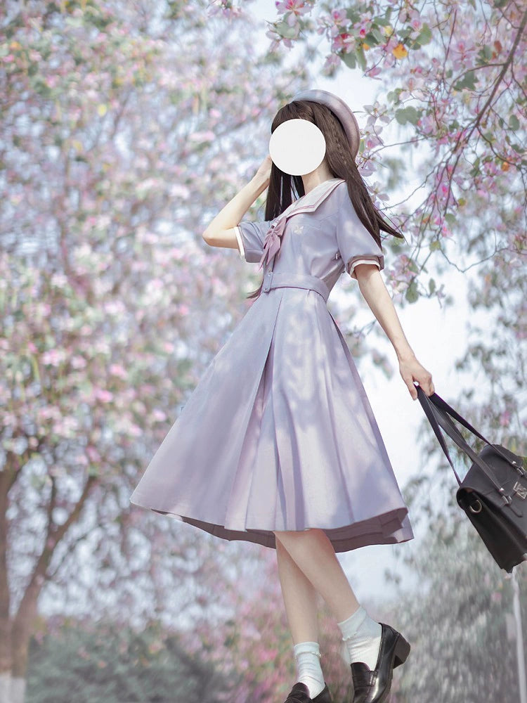Misty Vine Wisteria Sailor Collar Short Sleeve Dress