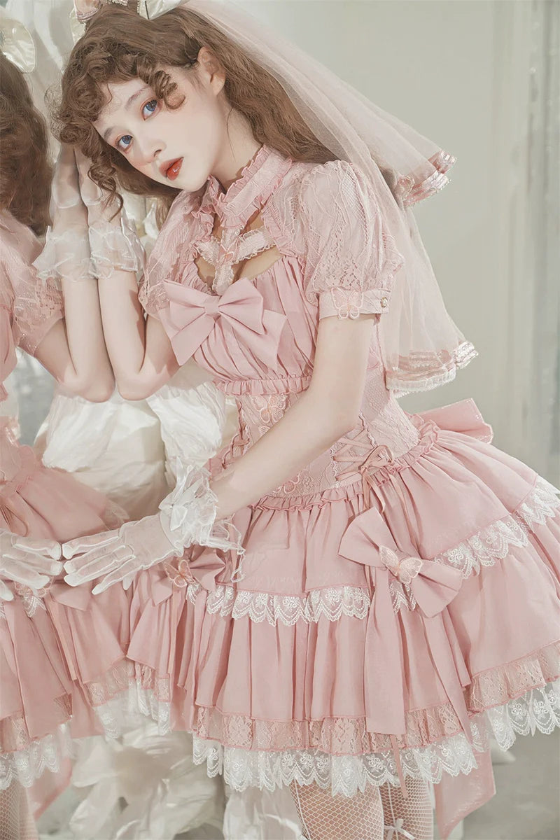 Baby Pink クロスリボンのコルセット風半袖ワンピース