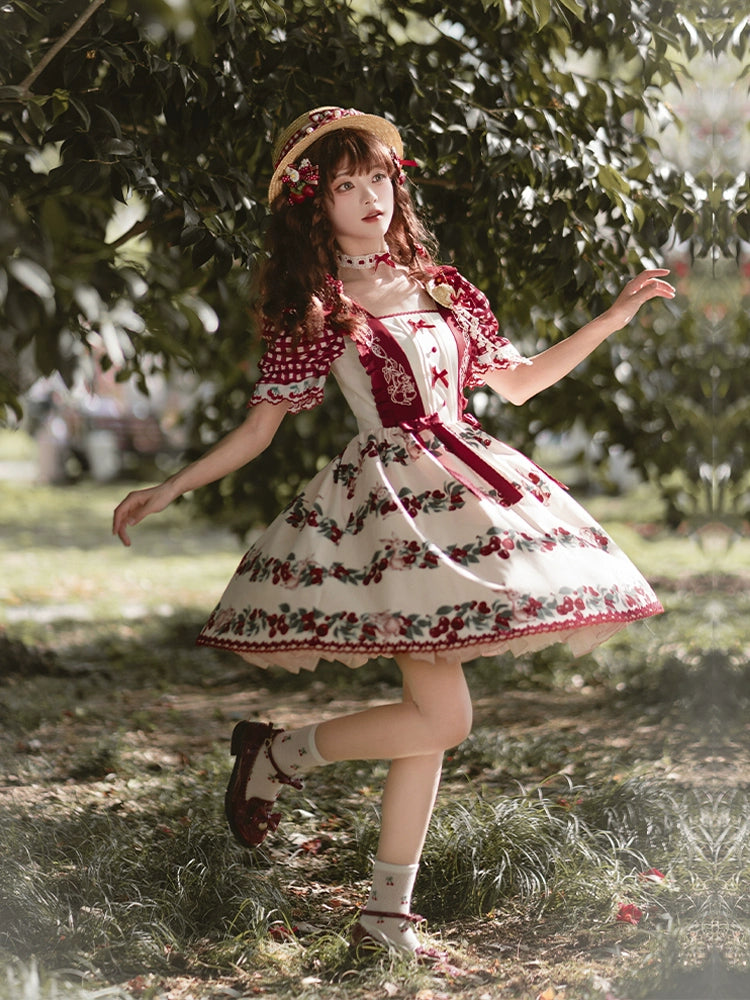 Midsummer Orchard Cherry and Rabbit Short Sleeve Dress