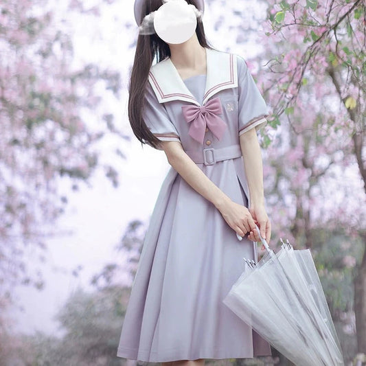 Misty Vine Wisteria Sailor Collar Short Sleeve Dress