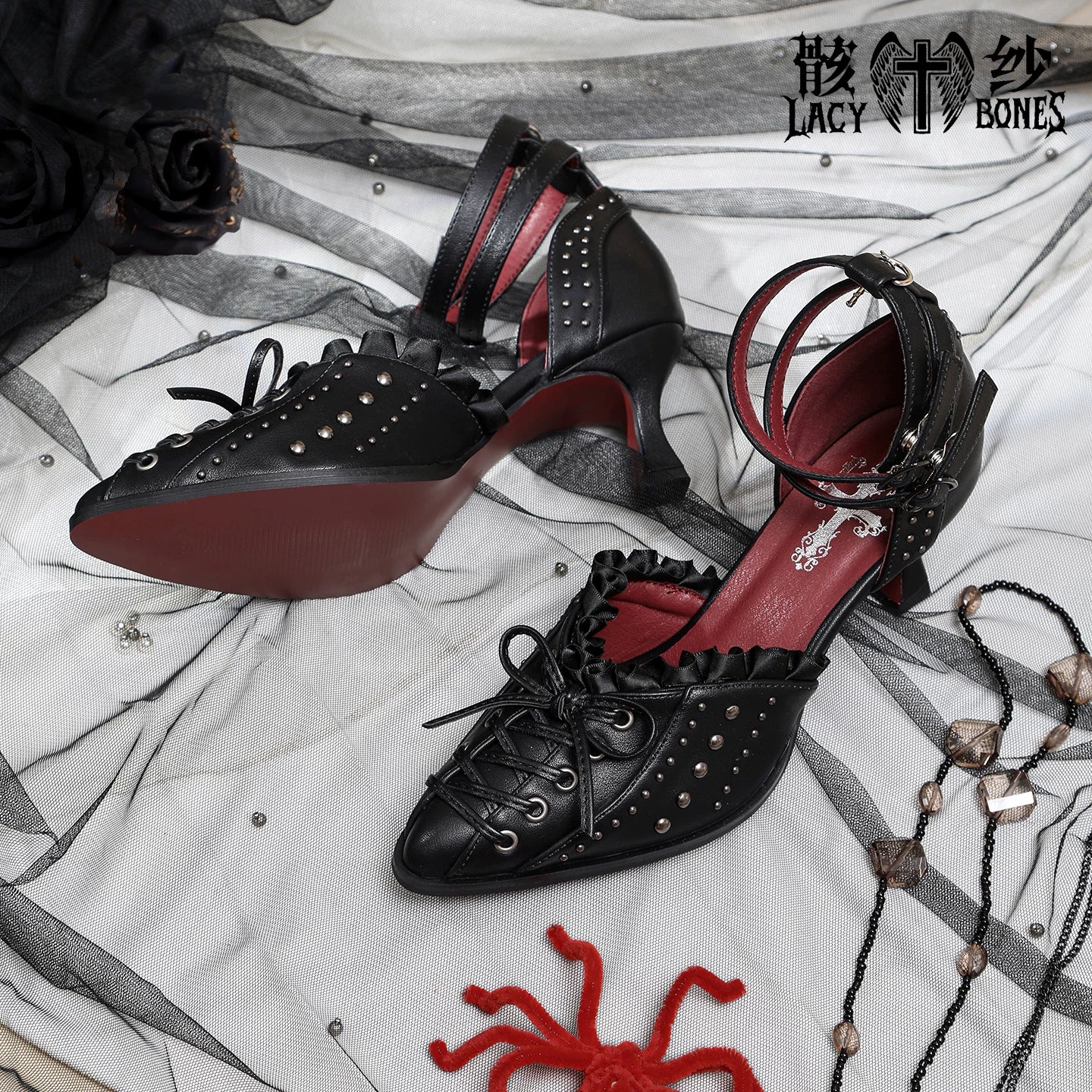 【Twilight Stud Vow】鋲×レース ダークゴシックポインテッドトゥパンプス