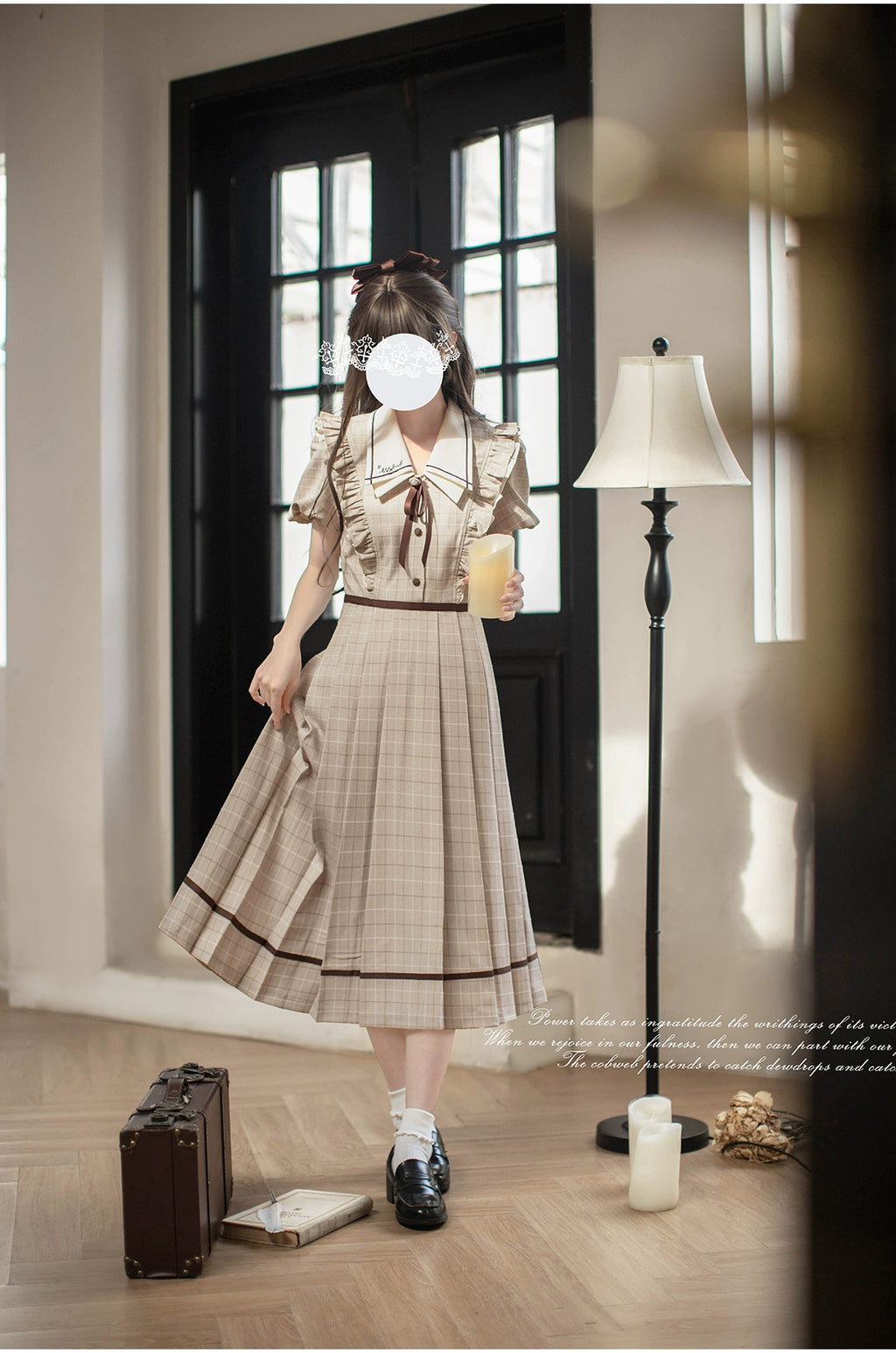 Betty フレンチレトロベージュチェック半袖ワンピース