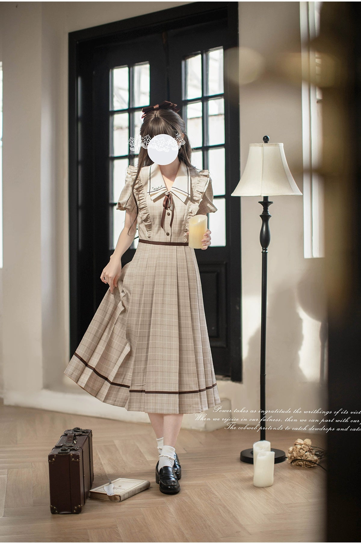 Betty フレンチレトロベージュチェック半袖ワンピース