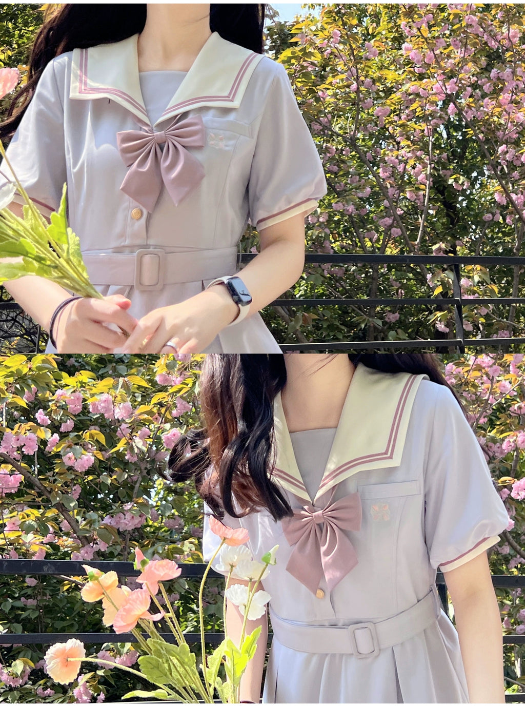 Misty Vine Wisteria Sailor Collar Short Sleeve Dress