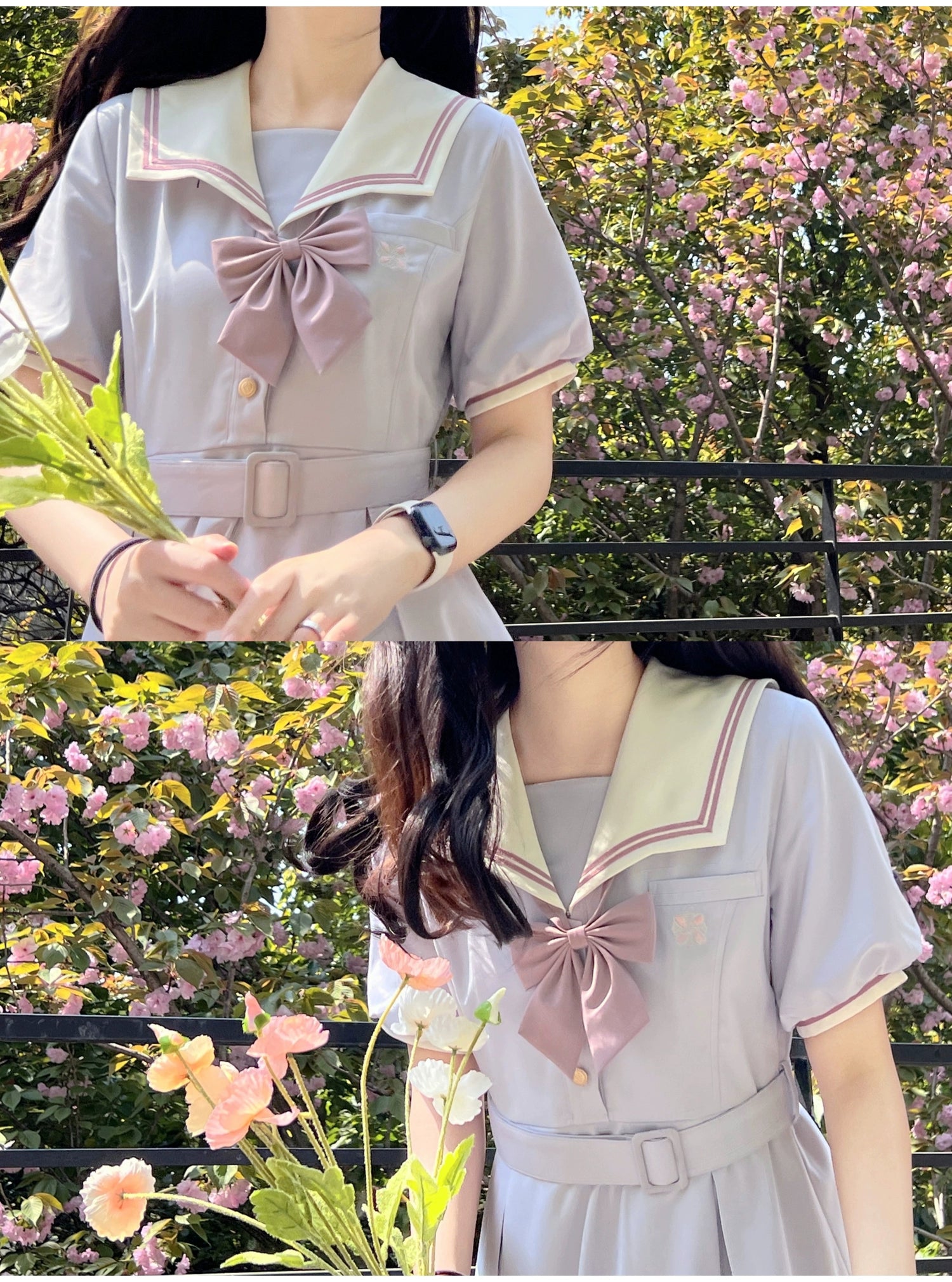 Misty Vine Wisteria Sailor Collar Short Sleeve Dress