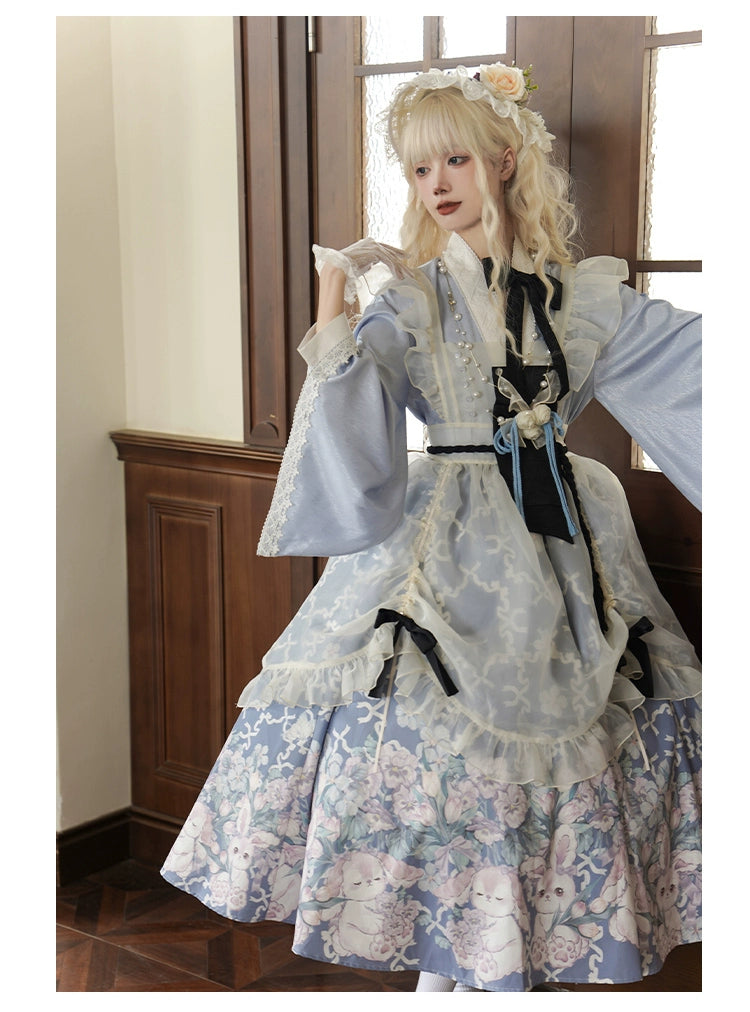 椿の花咲く庭 和風アリスのエプロン付きメイド服
