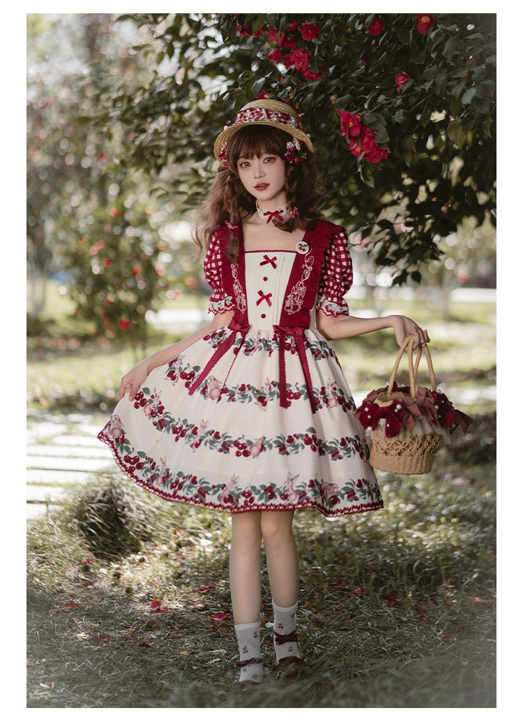 Midsummer Orchard Cherry and Rabbit Short Sleeve Dress