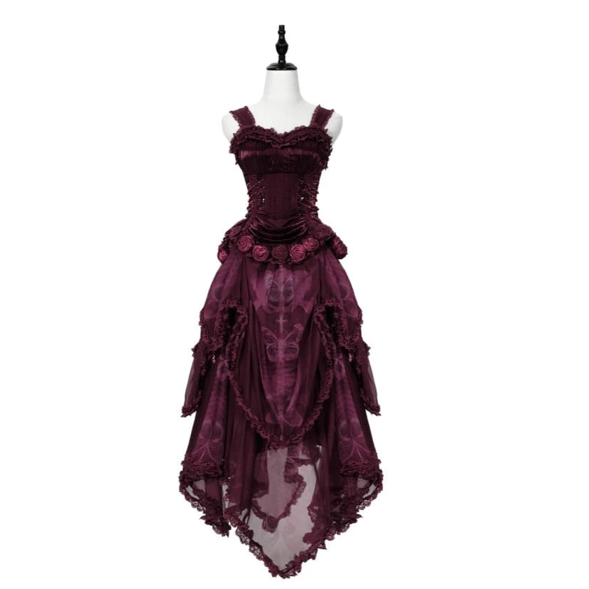 【販売期間終了】Rose Knight III サテンとオーガンジーのゴシックドレス【ワインレッド】