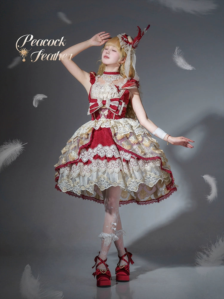 【受注予約6/18まで】Peacock Feather ミニドレス・レッド