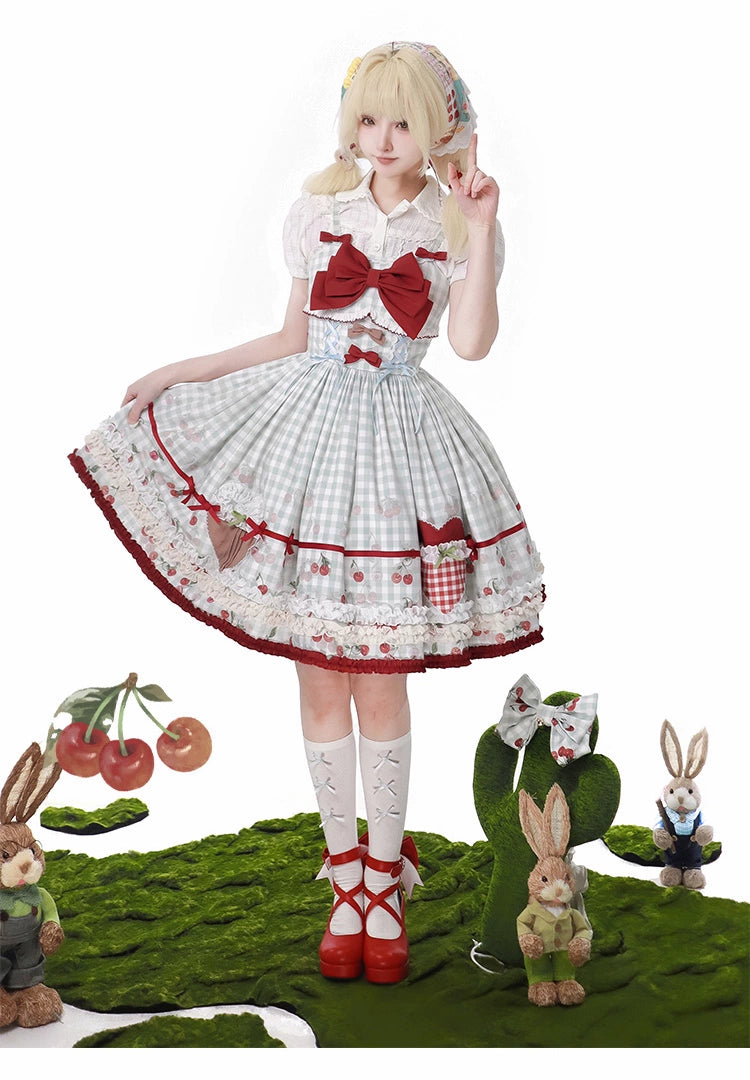 Cherry and Heart Gingham Check Jumper Skirt