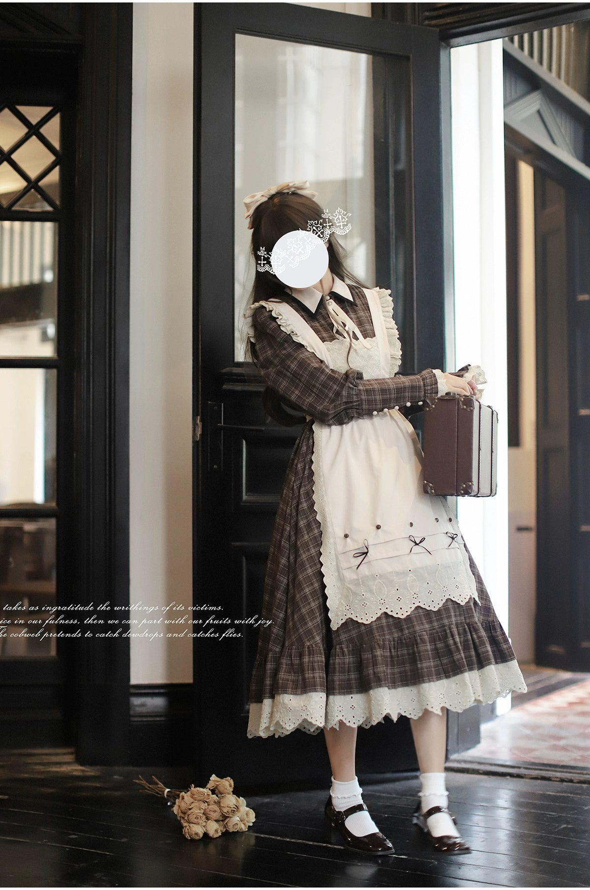 [Pre-order] Brown check retro dress with apron