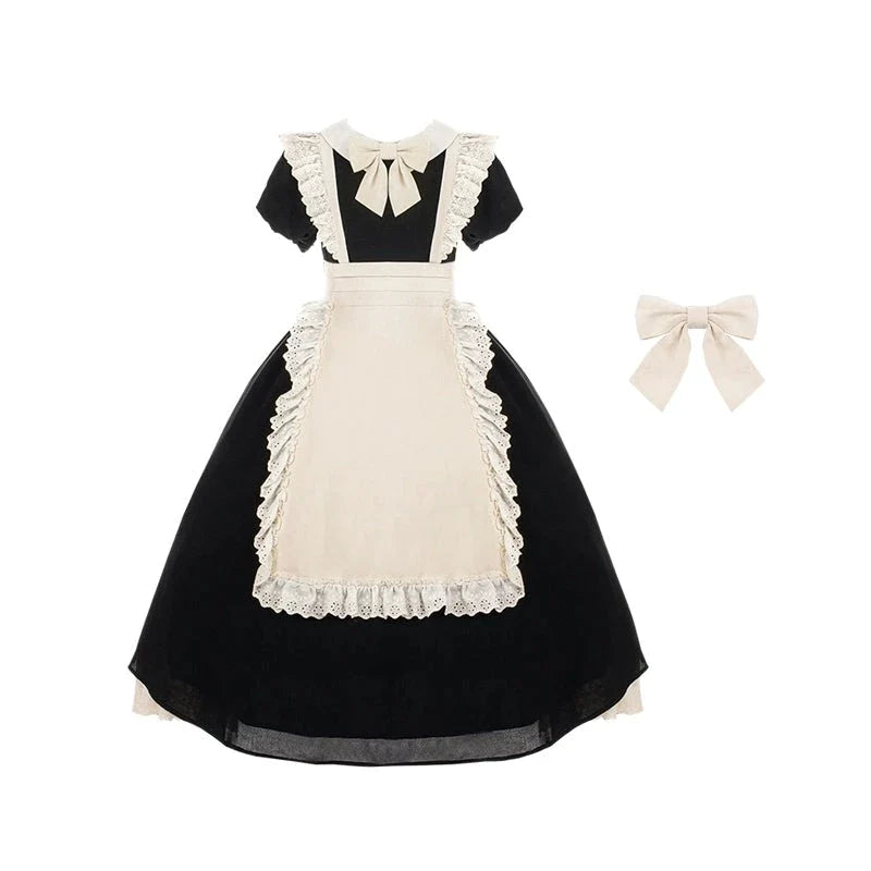 2-way apron maid-style dress, long length, with attached sleeves