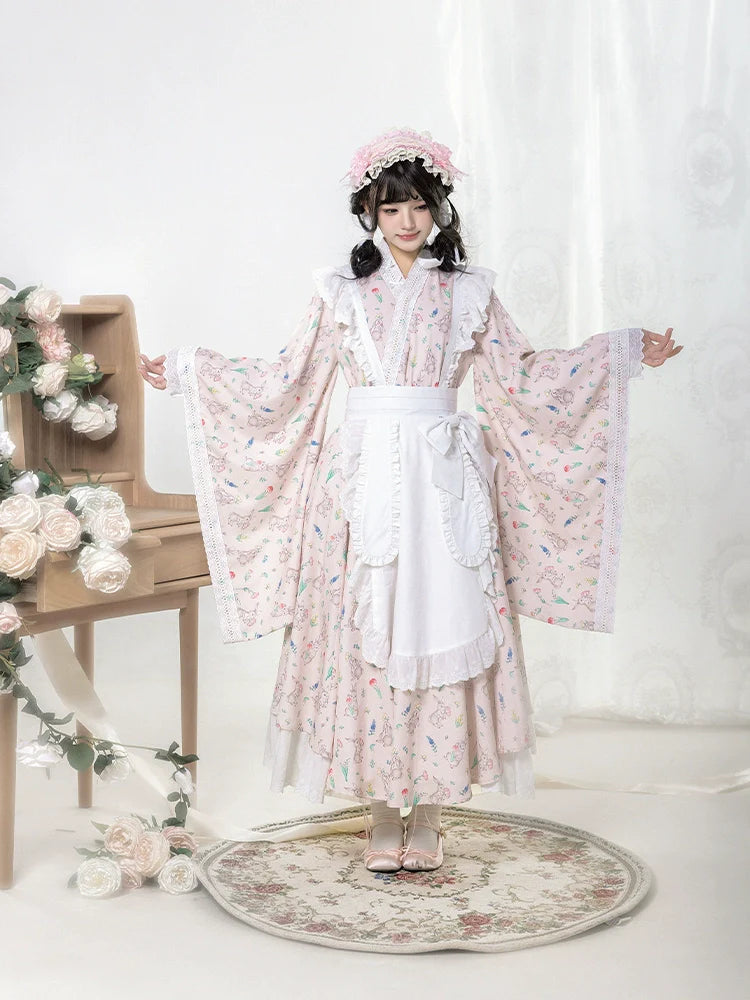 Hana Kikou Japanese Lolita Maid Style Apron Dress Long Length