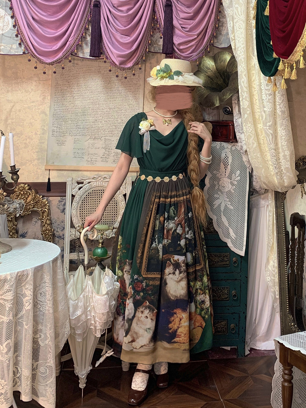 【予約販売】Elegance Greek 油彩画風プリントフレアスリーブジャンパースカート・新色