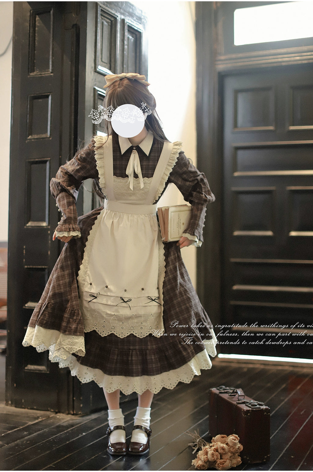 [Pre-order] Brown check retro dress with apron