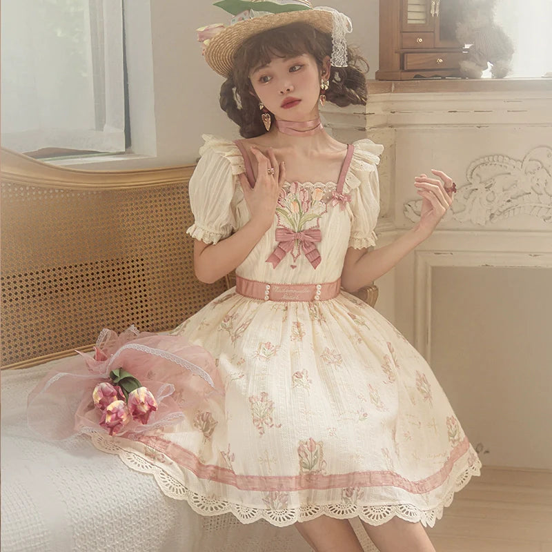 Tulip Bouquet スクエアネックコットンワンピース