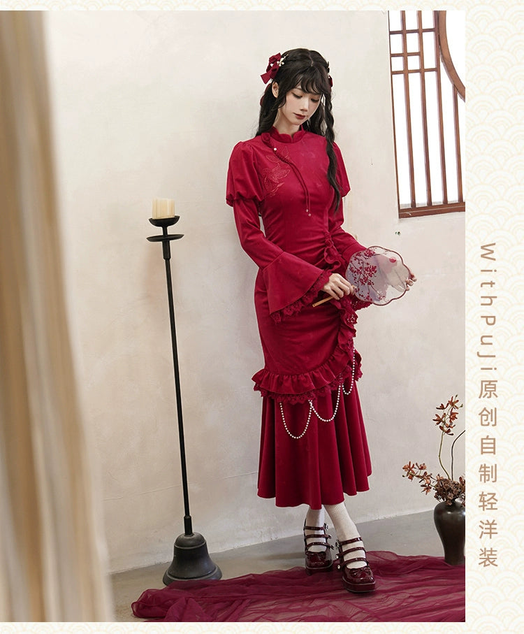 紅蝶 バタフライ刺繍のチャイナ風ドレス