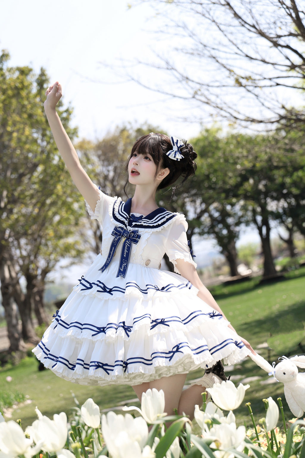 【受注予約4/28まで】セーラー襟と3段フリルの2wayマリンワンピース・ホワイト・ショート丈